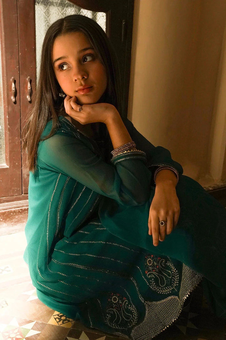 Ochre Girls RTW Chiffon 3 Piece Suit Emerald Green Chiffon Kurta With Embroidery and Malai Crepe Lining - Festive Collection