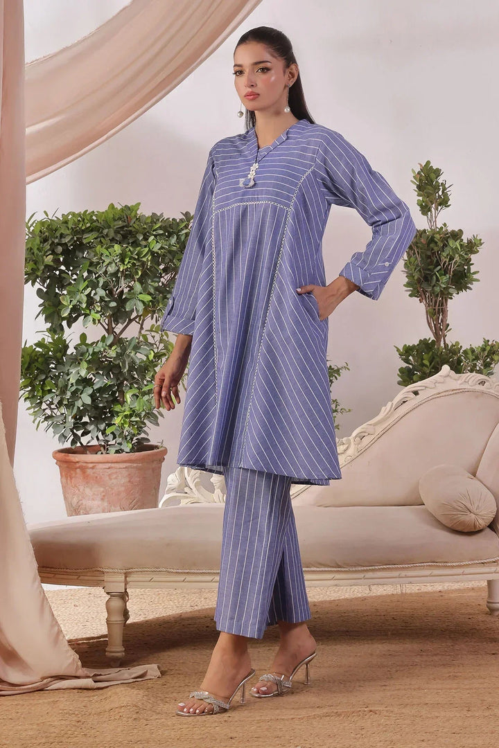 Ochre Women RTW Cotton 2 Piece Suit Blue Self Printed Chambray Cotton - Festive Collection