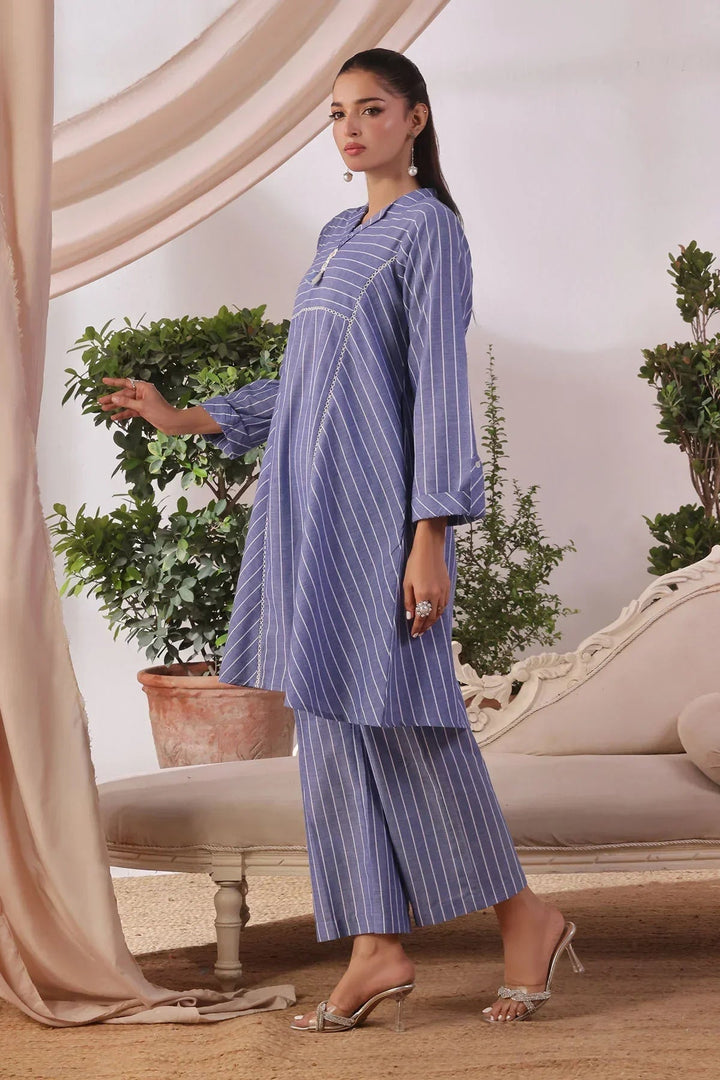 Ochre Women RTW Cotton 2 Piece Suit Blue Self Printed Chambray Cotton - Festive Collection