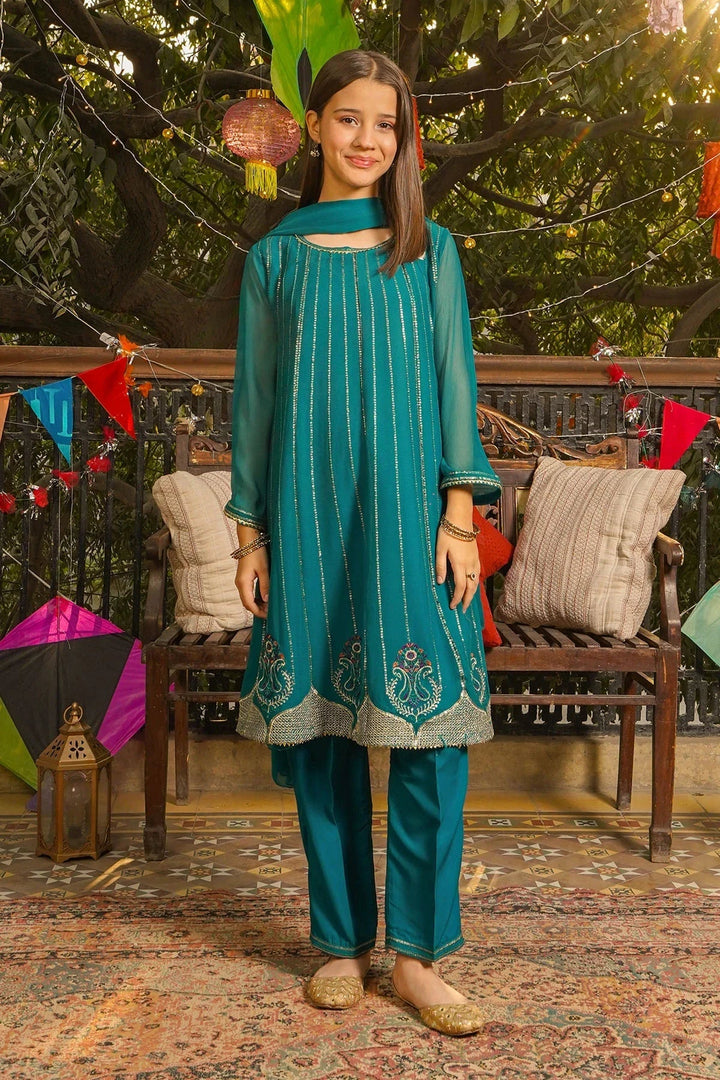 Ochre Girls RTW Chiffon 3 Piece Suit Emerald Green Chiffon Kurta With Embroidery and Malai Crepe Lining - Festive Collection