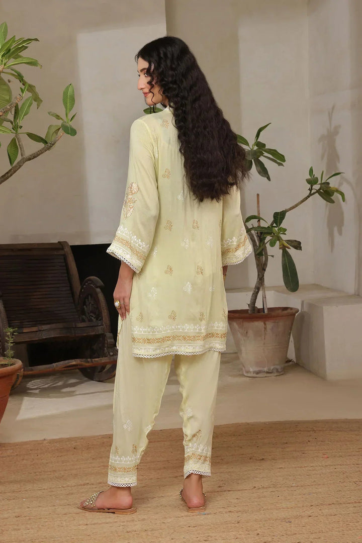 Ochre Women RTW Cotton 2 Piece Suit Lemon Yellow Cotton Printed - Festive Collection