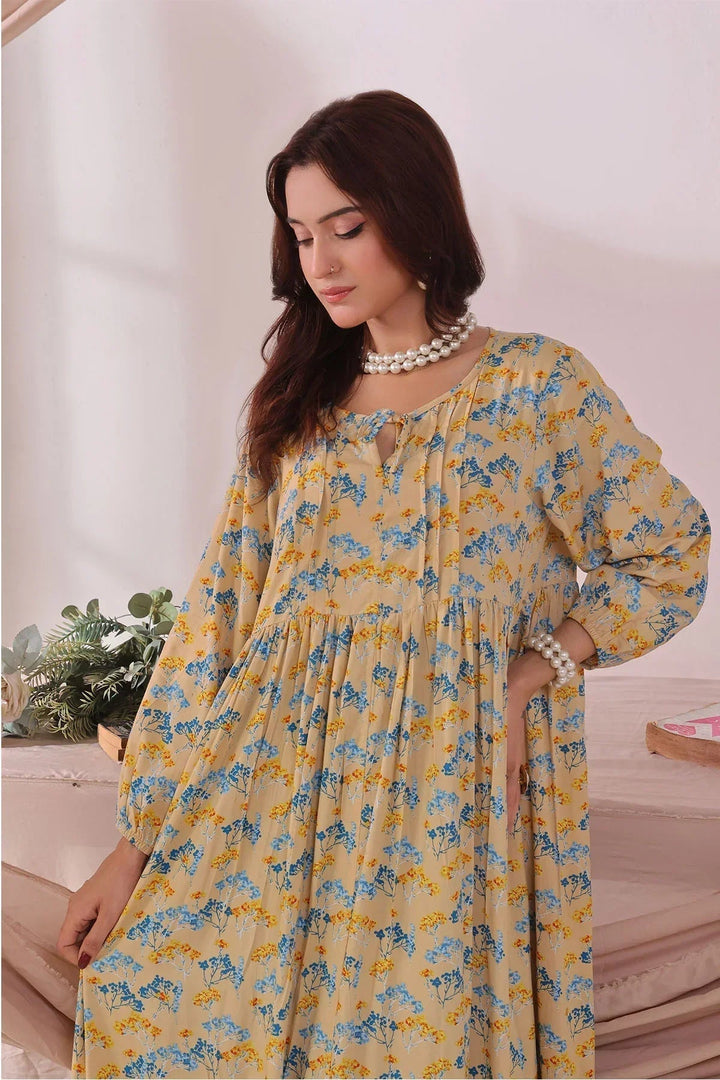 Ochre Women RTW Boski Linen 1 Piece Suit Beige Printed Boski Linen Printed Dress - Festive Collection