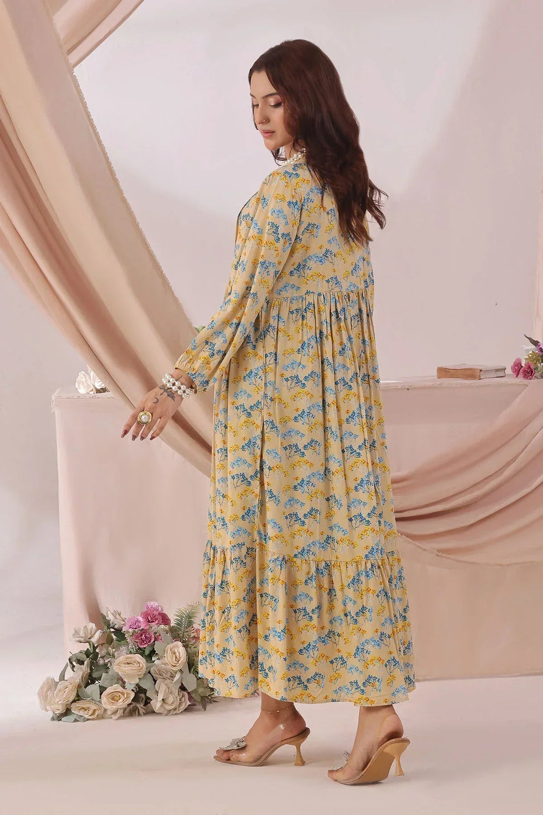 Ochre Women RTW Boski Linen 1 Piece Suit Beige Printed Boski Linen Printed Dress - Festive Collection