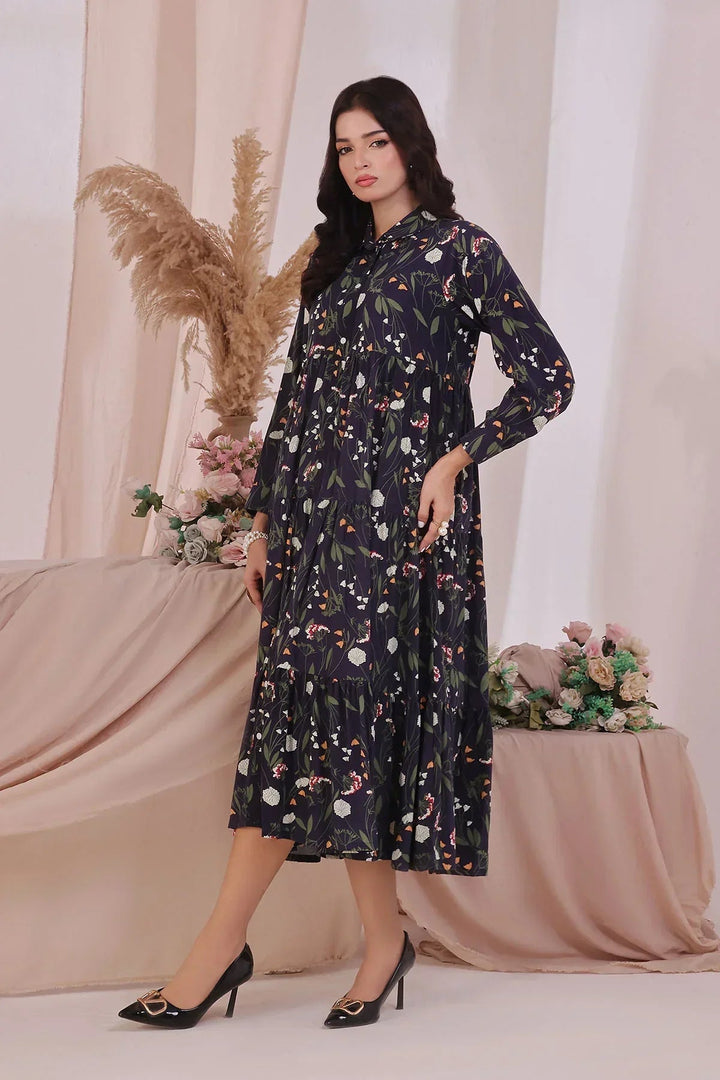 Ochre Women RTW Boski Linen 1 Piece Suit Navy Blue Boski Linen Printed Dress - Festive Collection