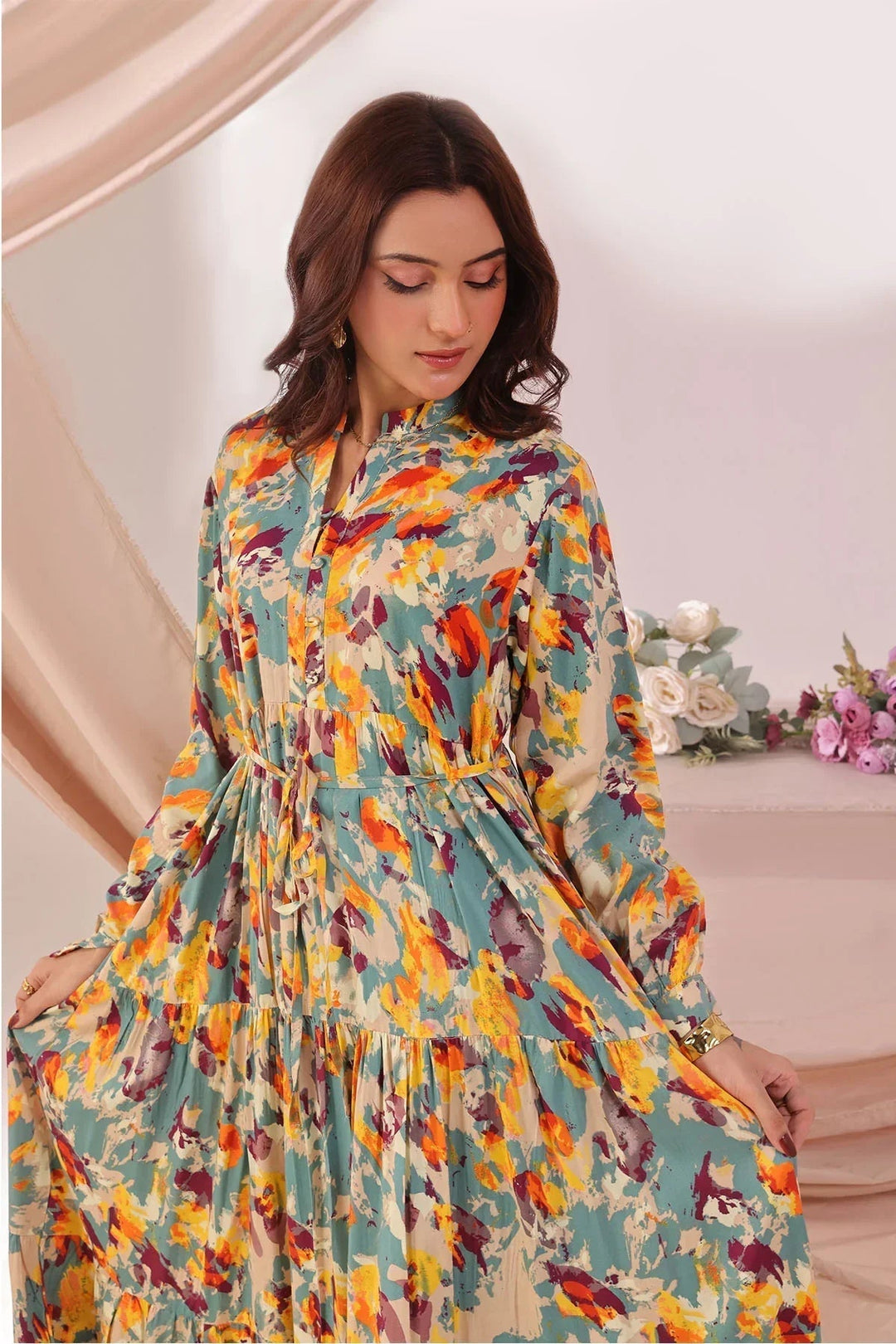 Ochre Women RTW Boski Linen 1 Piece Suit Blue Yellow Boski Linen Printed Dress - Festive Collection