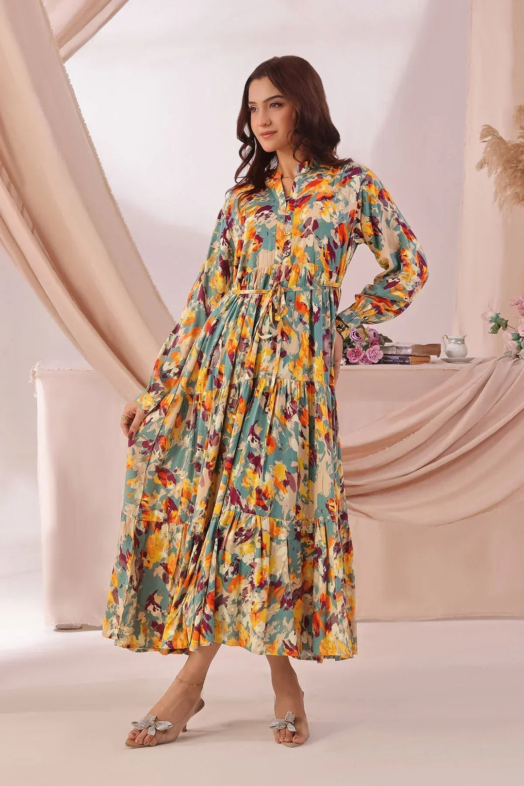 Ochre Women RTW Boski Linen 1 Piece Suit Blue Yellow Boski Linen Printed Dress - Festive Collection