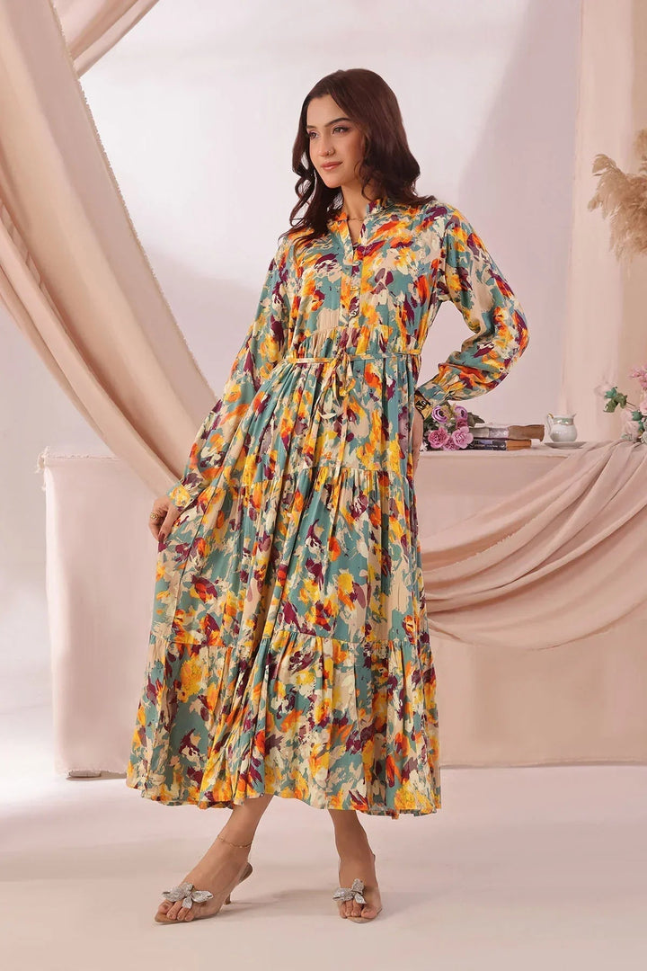 Ochre Women RTW Boski Linen 1 Piece Suit Blue Yellow Boski Linen Printed Dress - Festive Collection