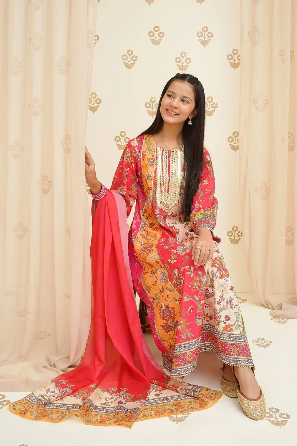 Ochre Girls Pret Embroidered Swiss Lawn 3 Piece Suit CORF-02 - Summer Collection