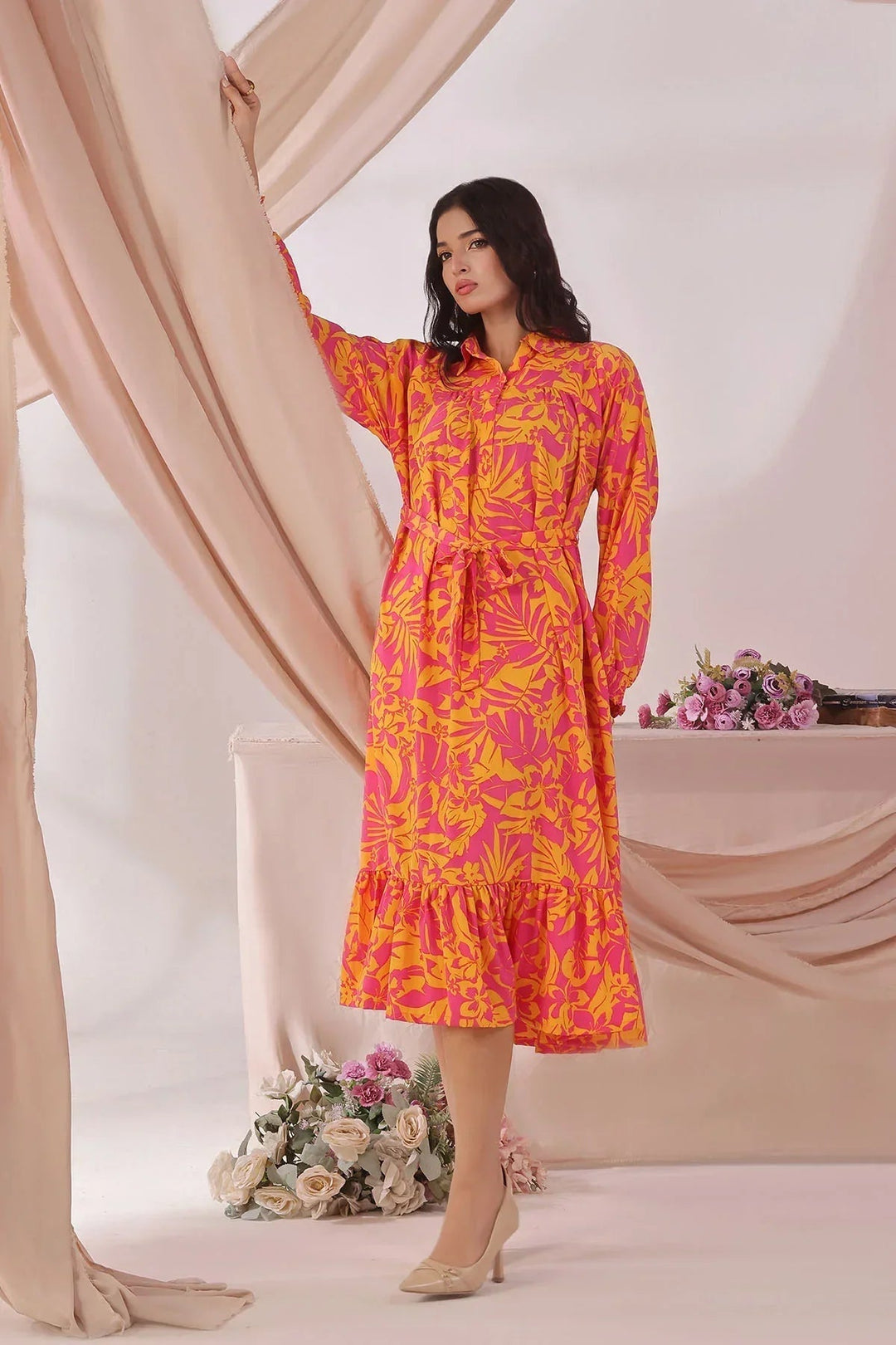 Ochre Women RTW Georgette 1 Piece Suit Hot Pink Georgette Long Printed Dress - Festive Collection