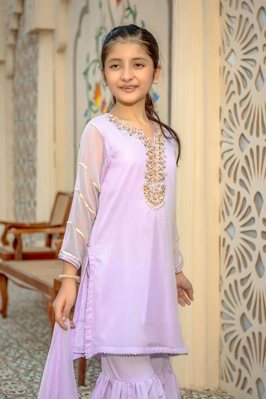 Ochre RTW Embroidered Girls 3 Piece Chiffon Hand Adda Work AC-73 - Summer Collection