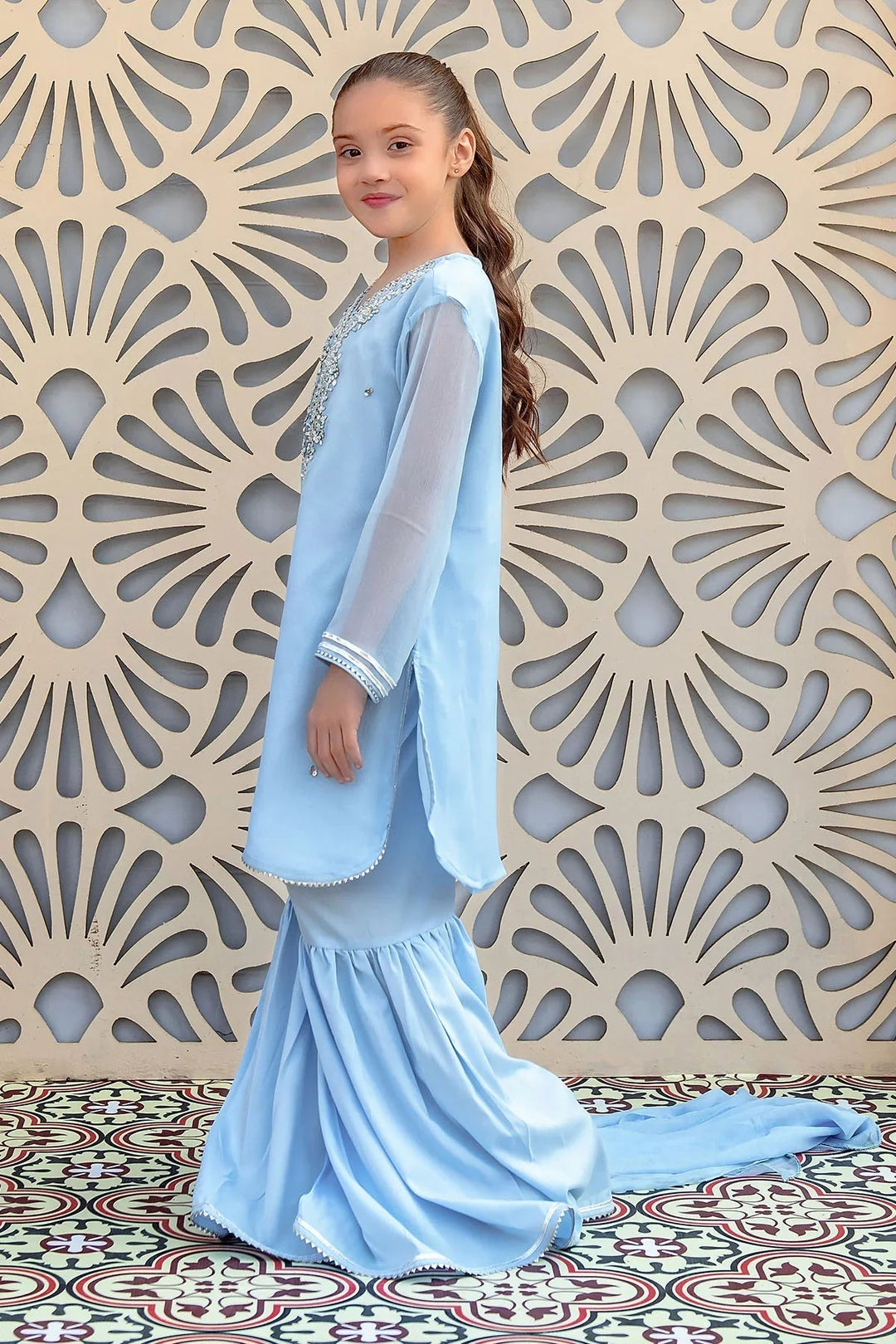 Ochre RTW Embroidered Girls 3 Piece Chiffon Hand Adda Work AC-72 - Summer Collection