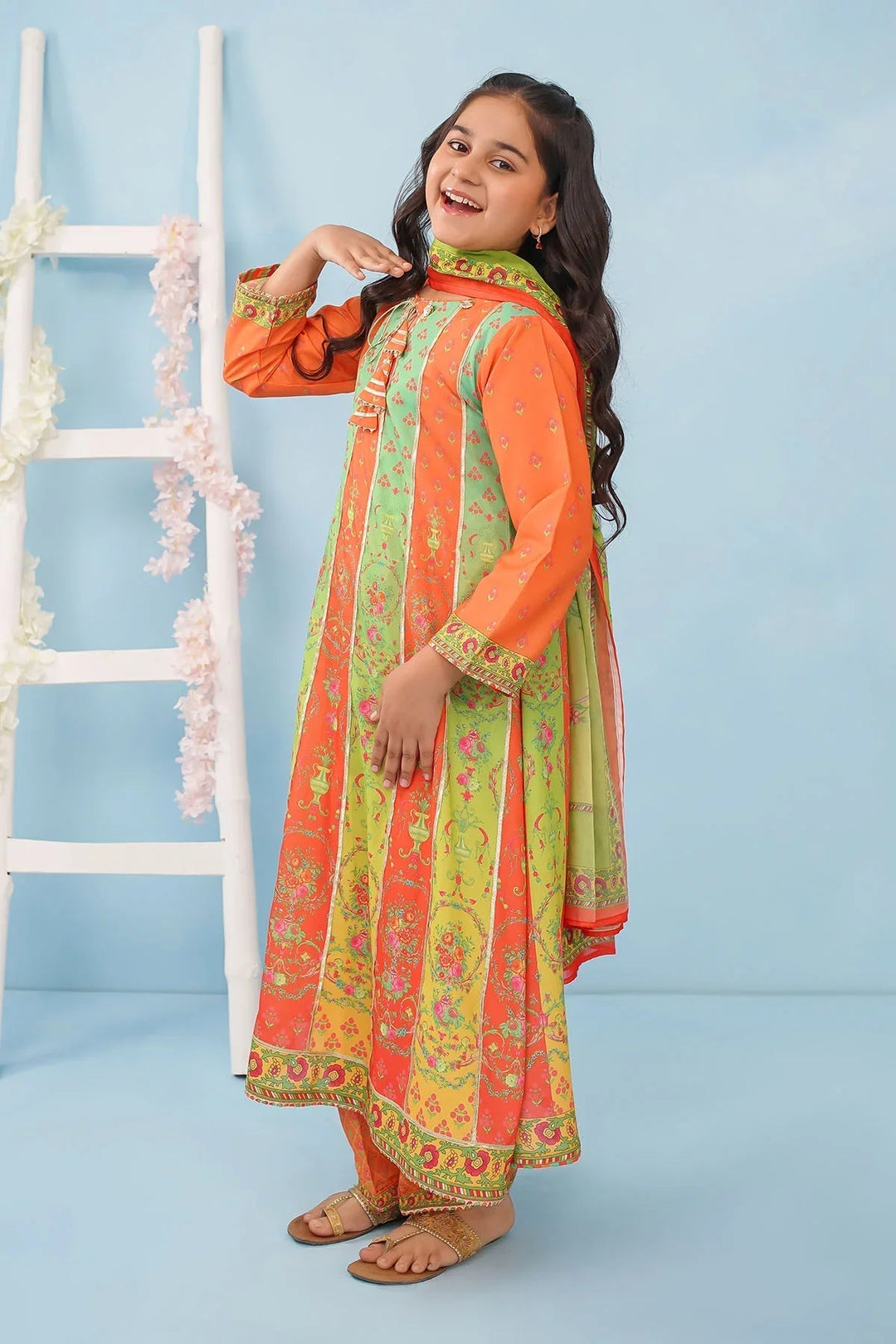 Ochre Girls RTW Poly 3 Piece Suit Orange Poly Lawn Digital Printed Maxi with Gota Laces - Festive Collection