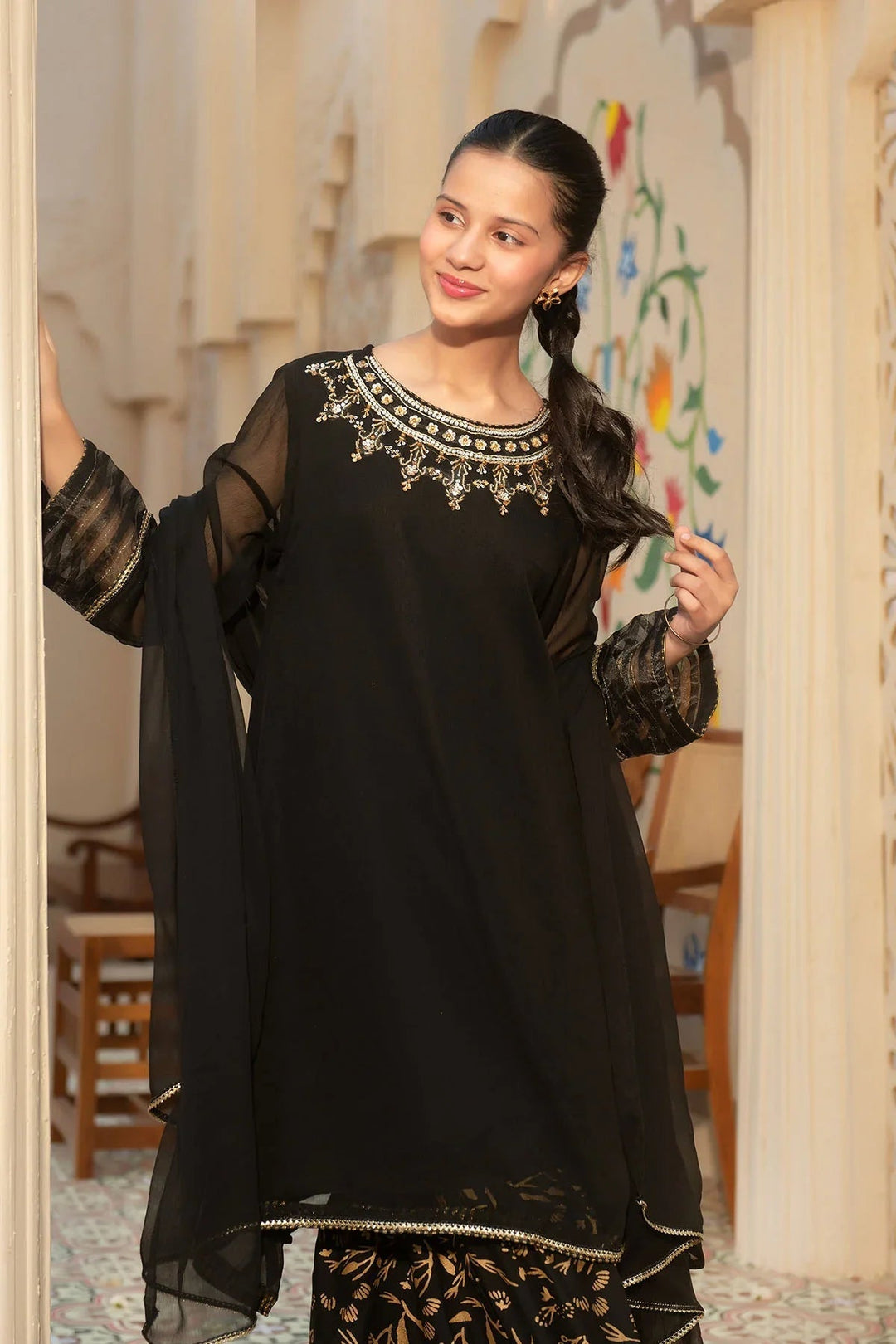Ochre RTW Embroidered Girls 3 Piece Chiffon Hand Adda Work AC-71 - Summer Collection