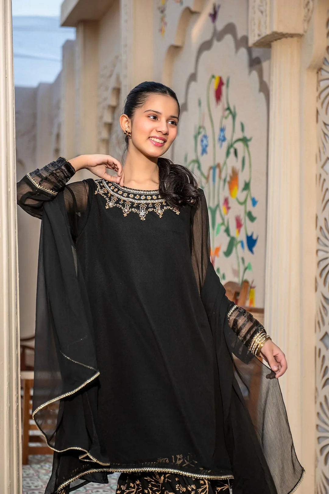 Ochre RTW Embroidered Girls 3 Piece Chiffon Hand Adda Work AC-71 - Summer Collection