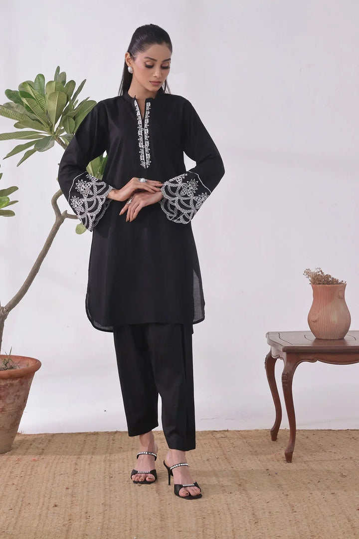 Ochre Women RTW Cotton 2 Piece Suit Black Cotton Embroidered - Festive Collection