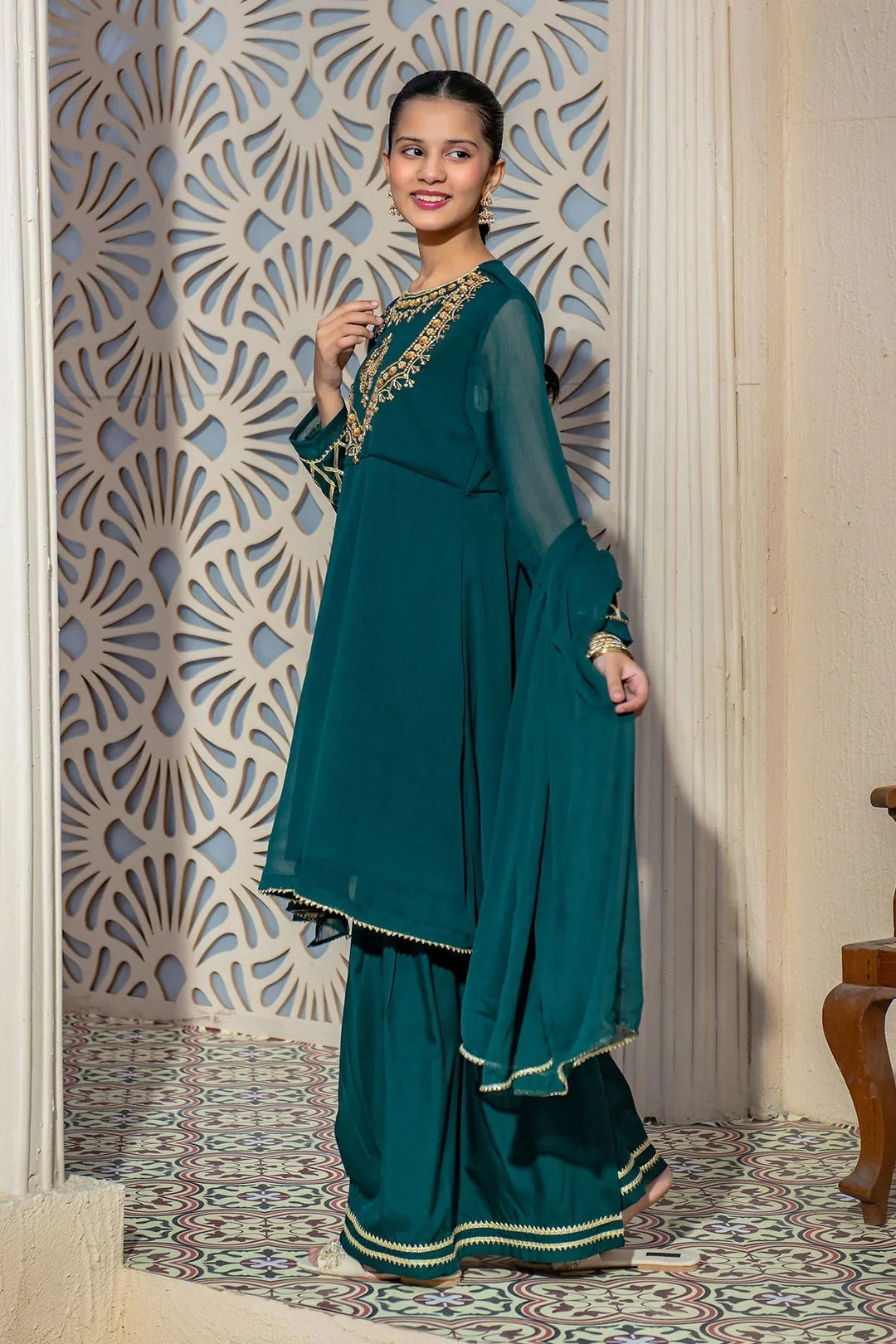 Ochre RTW Embroidered Girls 3 Piece Chiffon Hand Adda Work AC-68 - Summer Collection