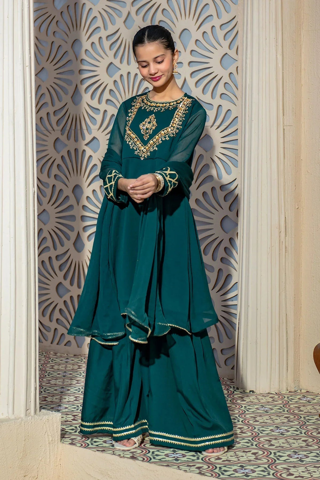 Ochre RTW Embroidered Girls 3 Piece Chiffon Hand Adda Work AC-68 - Summer Collection