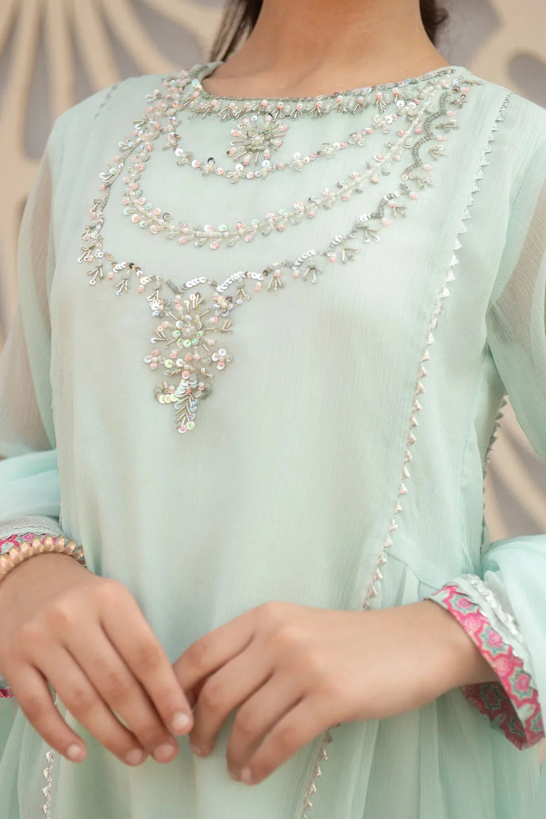 Ochre Girls Pret Embroidered Chiffon Hand Adda Work 3 Piece Suit AC-67 - Summer Collection