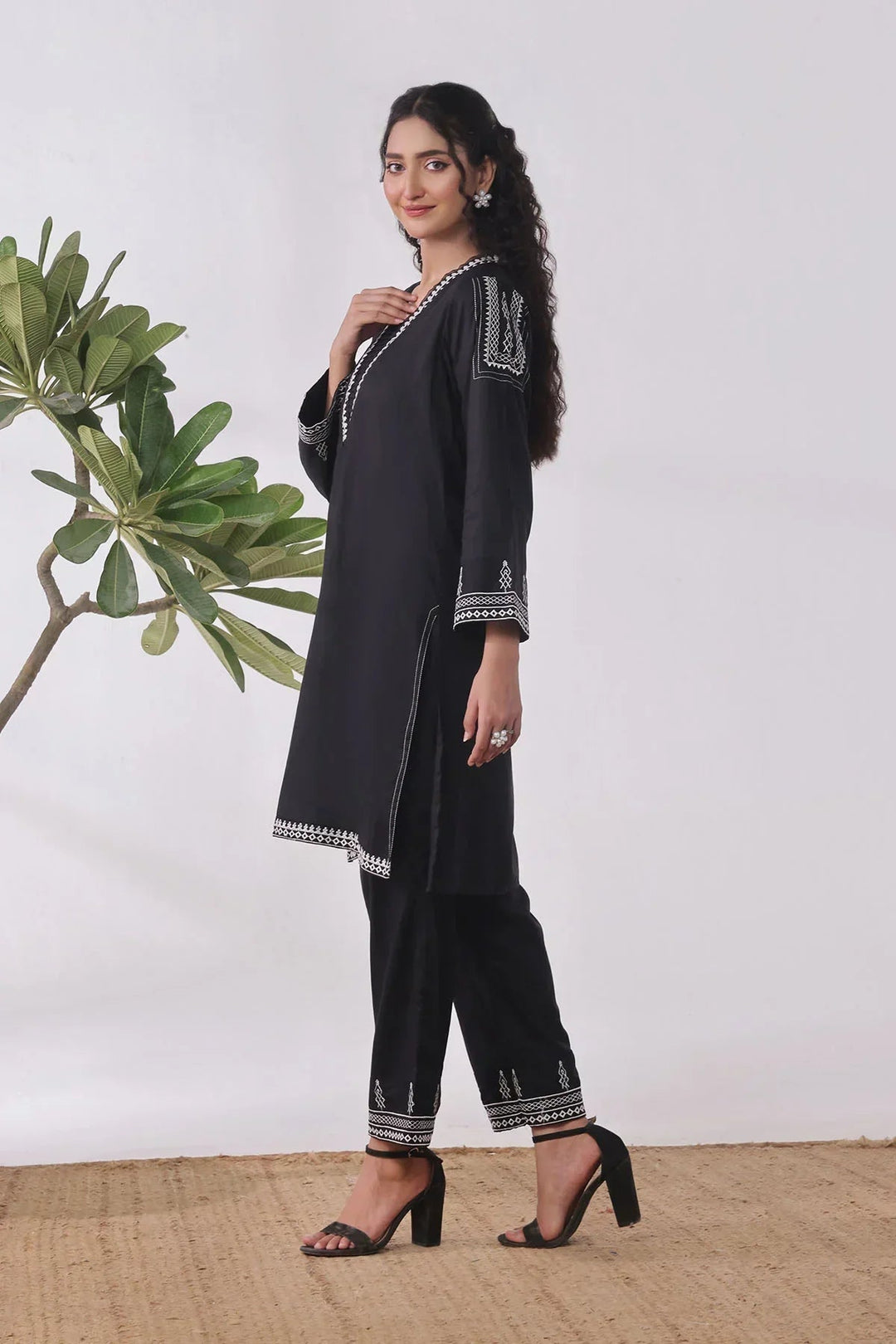 Ochre Women RTW Cotton 2 Piece Suit Black Cotton Kurta Embroidered - Festive Collection
