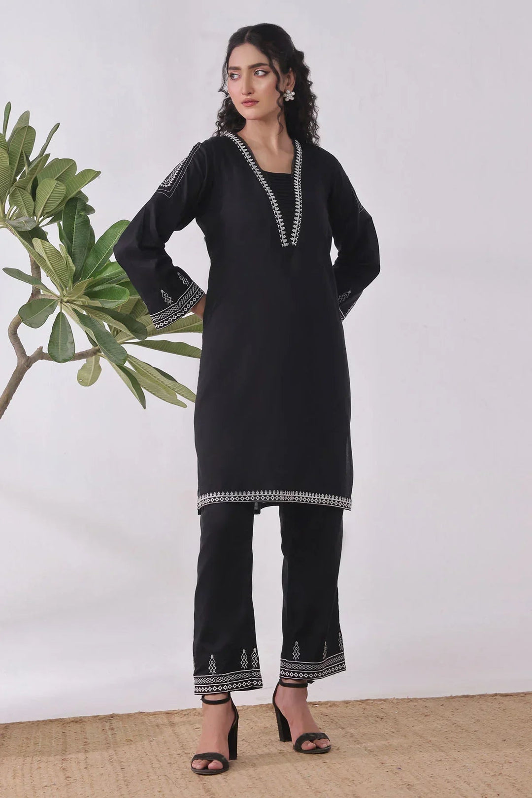 Ochre Women RTW Cotton 2 Piece Suit Black Cotton Kurta Embroidered - Festive Collection