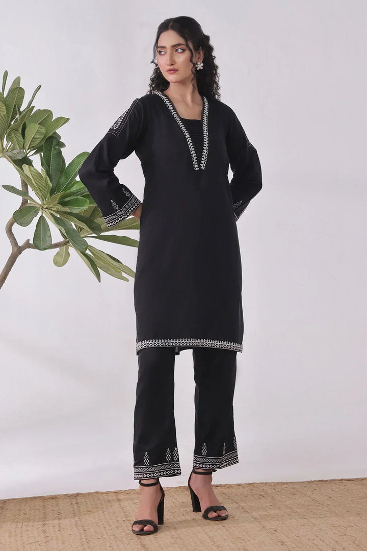 Ochre Women RTW Cotton 2 Piece Suit Black Cotton Kurta Embroidered - Festive Collection