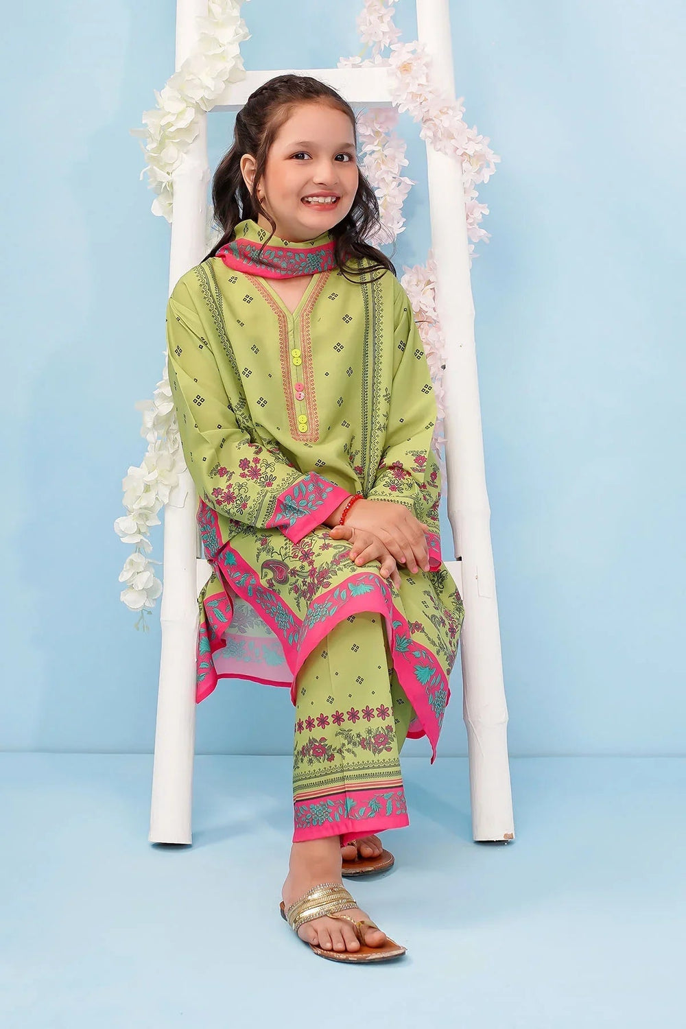 Ochre Girls RTW Poly 3 Piece Suit Lime Green Poly Lawn Digital Printed Kurta - Festive Collection