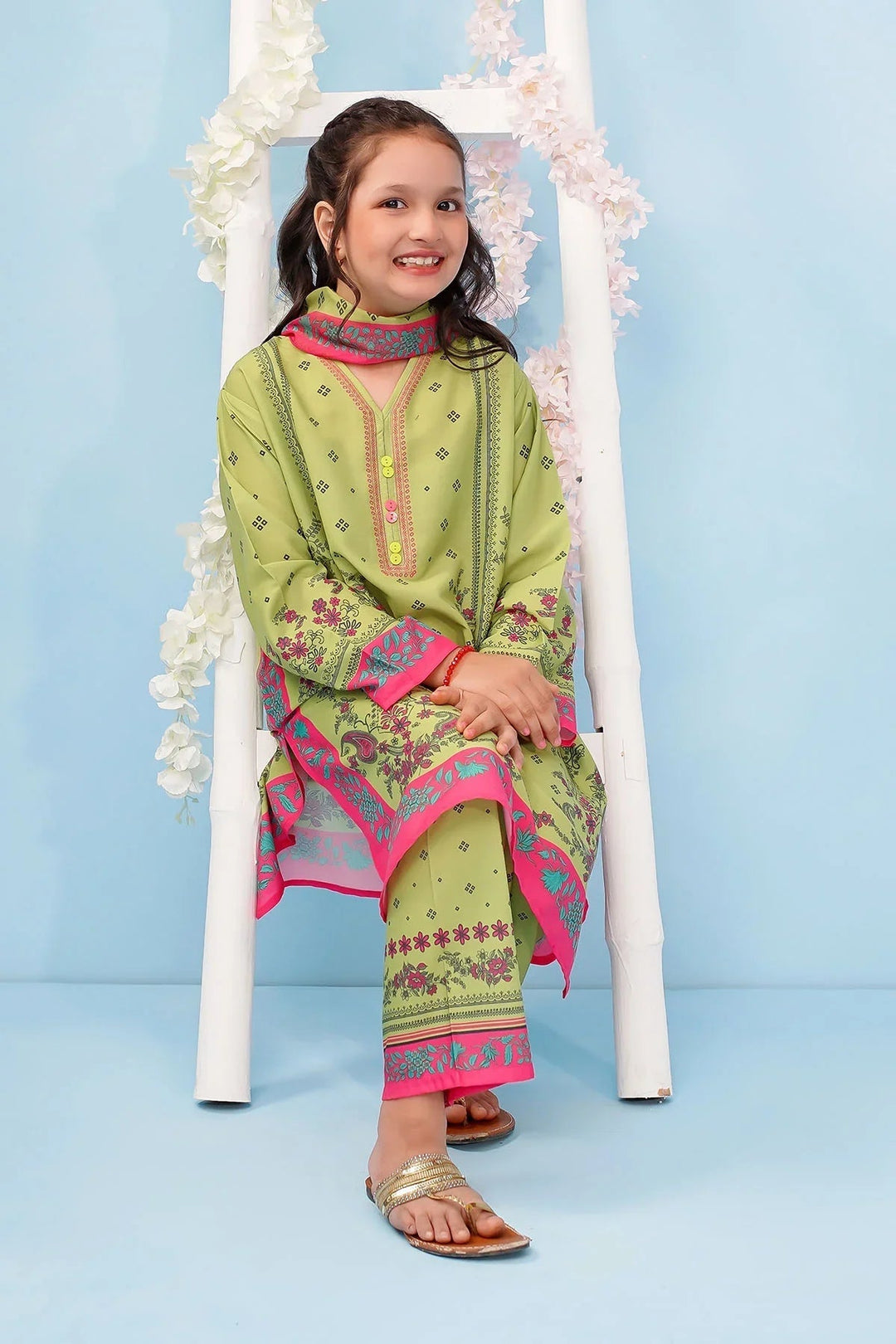 Ochre Girls RTW Poly 3 Piece Suit Lime Green Poly Lawn Digital Printed Kurta - Festive Collection