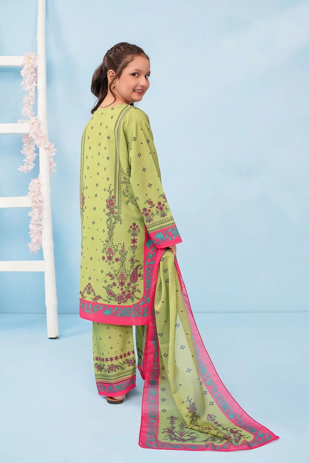 Ochre Girls RTW Poly 3 Piece Suit Lime Green Poly Lawn Digital Printed Kurta - Festive Collection