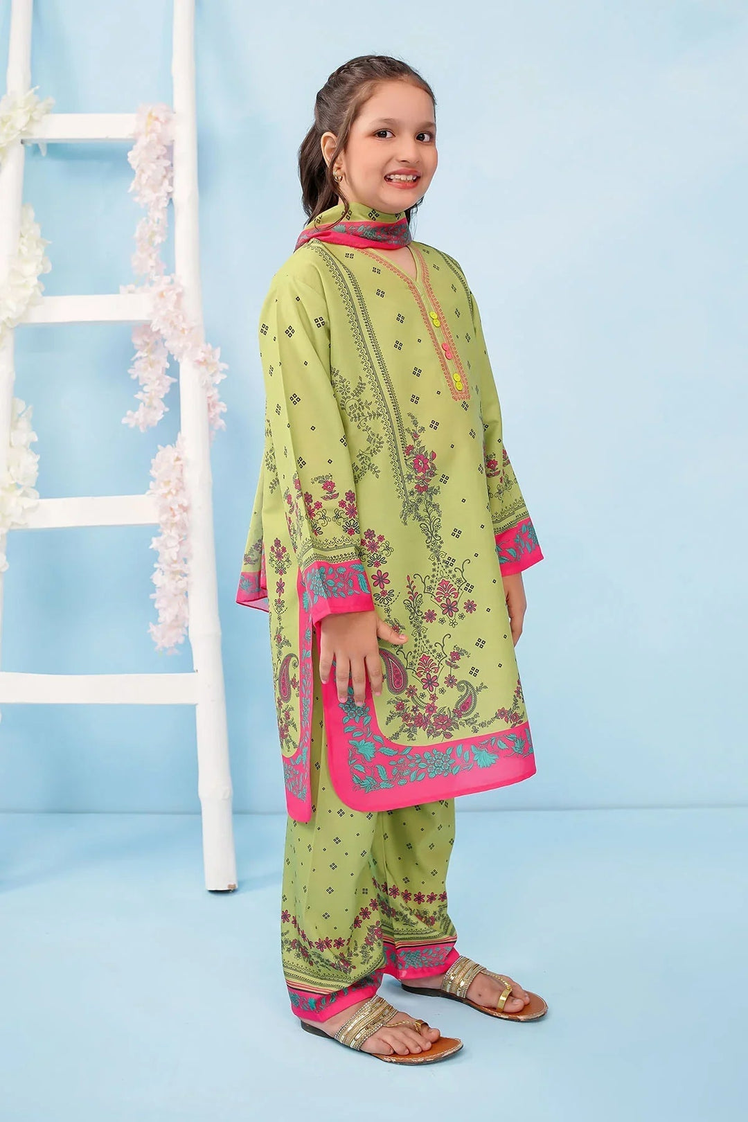 Ochre Girls RTW Poly 3 Piece Suit Lime Green Poly Lawn Digital Printed Kurta - Festive Collection
