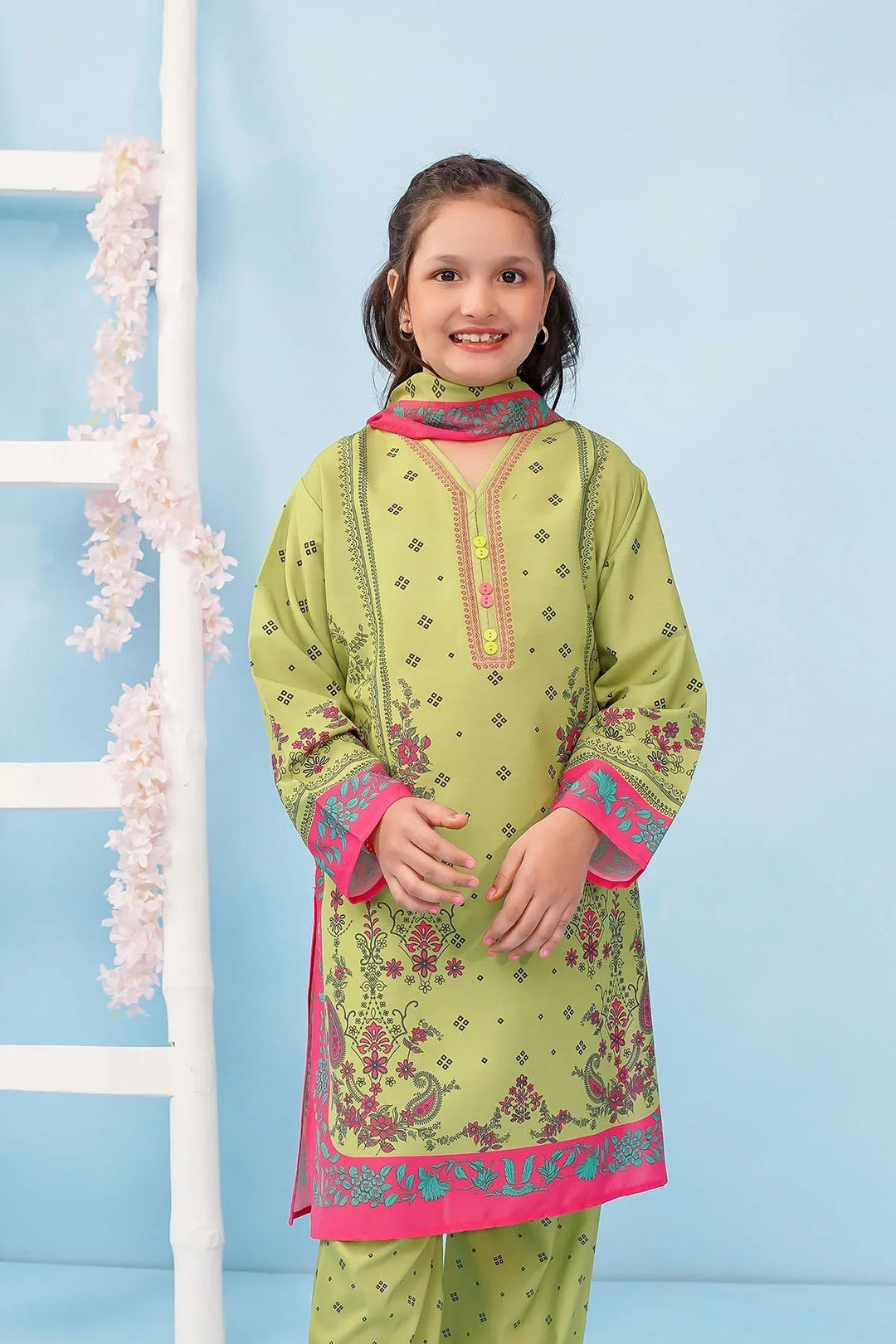 Ochre Girls RTW Poly 3 Piece Suit Lime Green Poly Lawn Digital Printed Kurta - Festive Collection