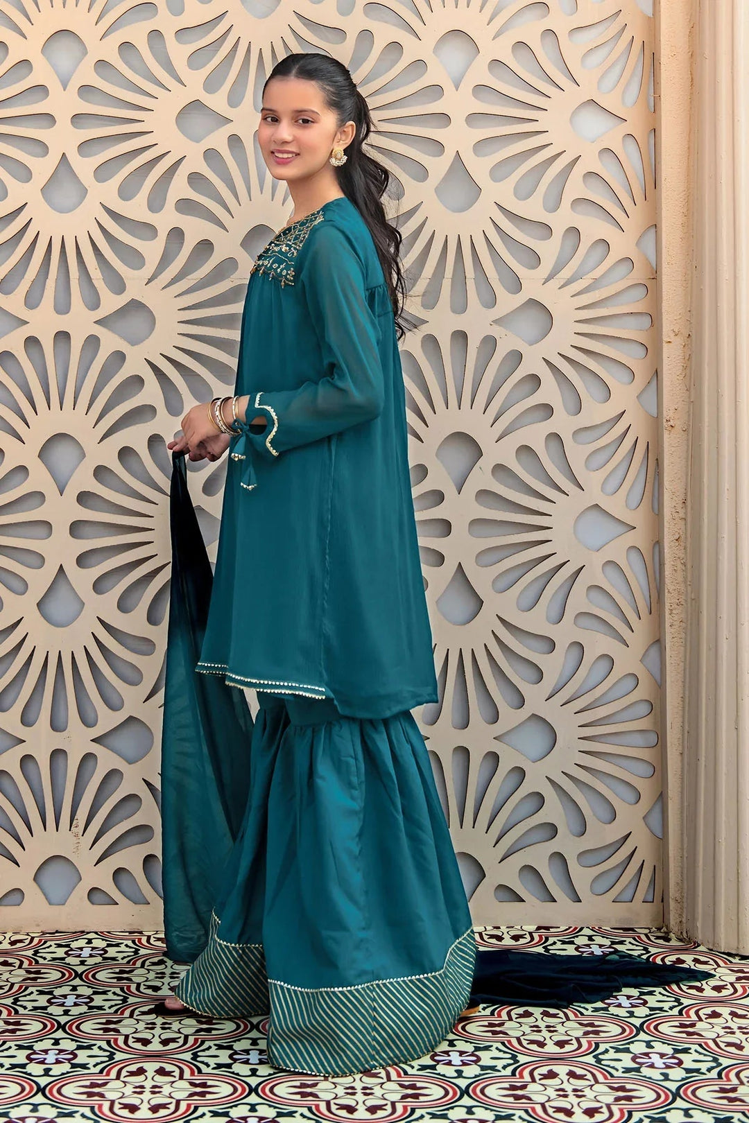 Ochre RTW Embroidered Girls 3 Piece Chiffon Hand Adda Work AC-61 - Summer Collection