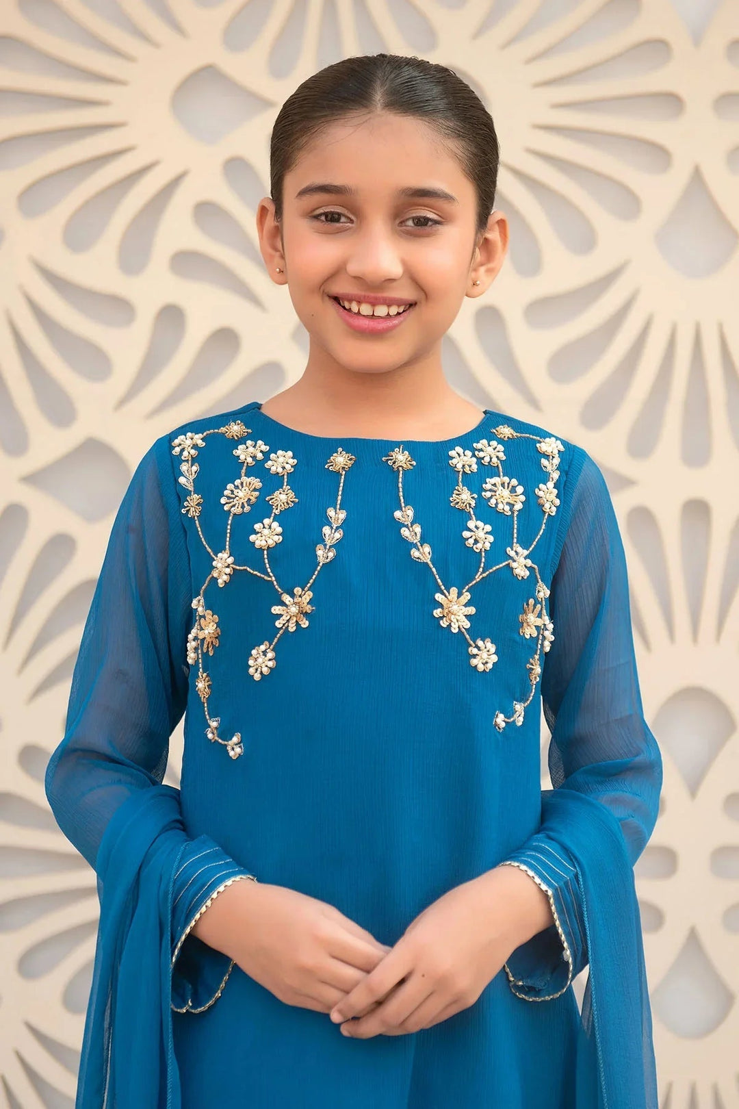 Ochre RTW Embroidered Girls 3 Piece Chiffon Hand Adda Work AC-60 - Summer Collection