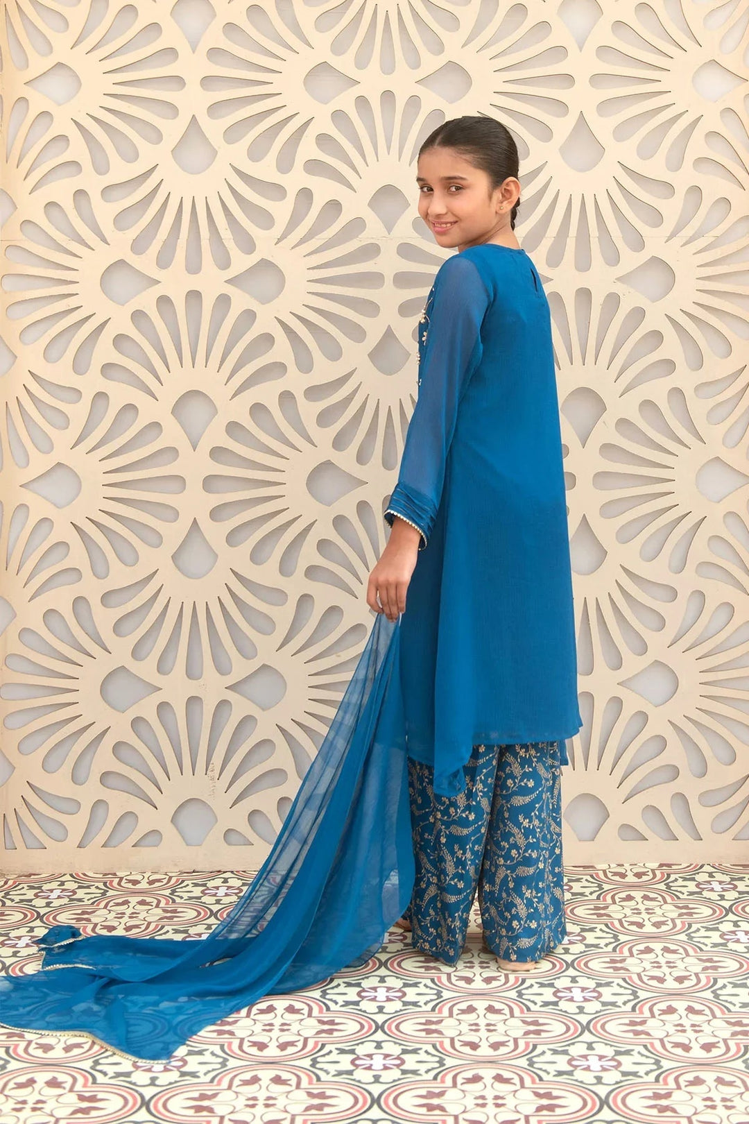 Ochre RTW Embroidered Girls 3 Piece Chiffon Hand Adda Work AC-60 - Summer Collection