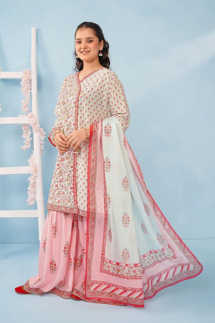 Ochre Girls RTW Poly 3 Piece Suit Mint and Light Pink Poly Lawn Digital Printed Kurta with Tassels - Festive Collection