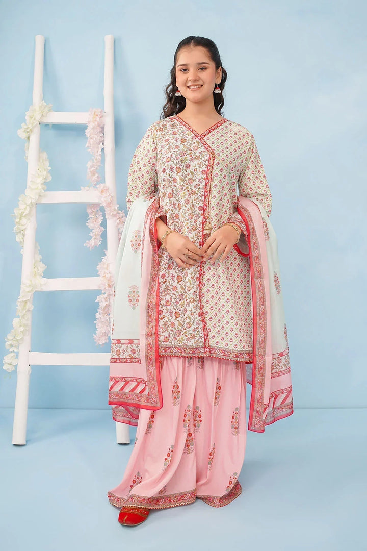 Ochre Girls RTW Poly 3 Piece Suit Mint and Light Pink Poly Lawn Digital Printed Kurta with Tassels - Festive Collection