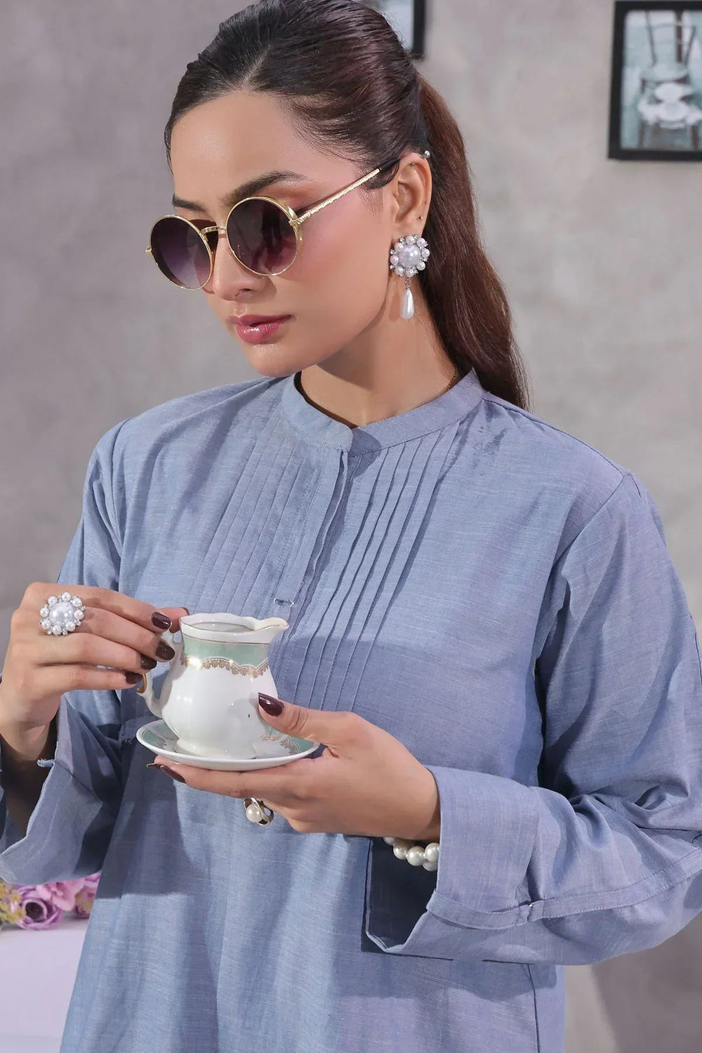 Ochre Women RTW Cotton 2 Piece Suit Blue Chambray Cotton - Festive Collection
