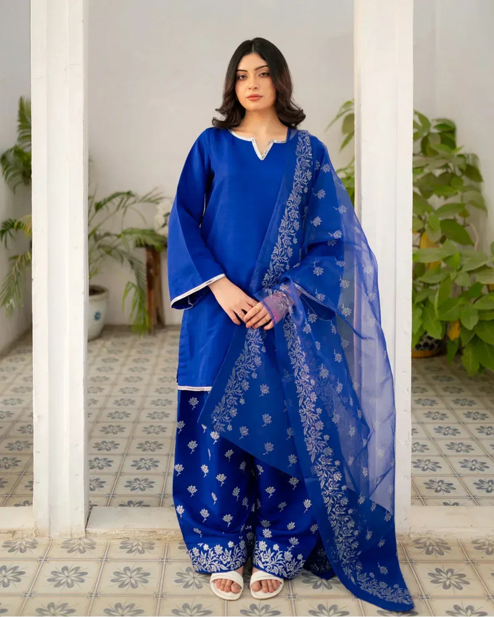 Zauk Women Printed Raw Silk 3 Piece Suit Royal Blue Farshi Shalwar Suit - Eid Collection