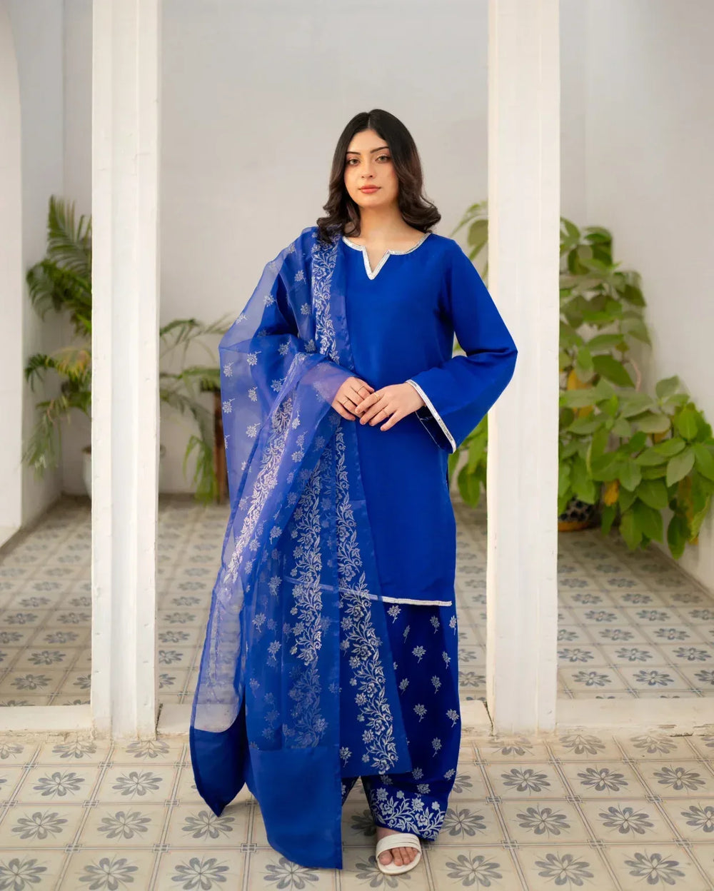 Zauk Women Printed Raw Silk 3 Piece Suit Royal Blue Farshi Shalwar Suit - Eid Collection