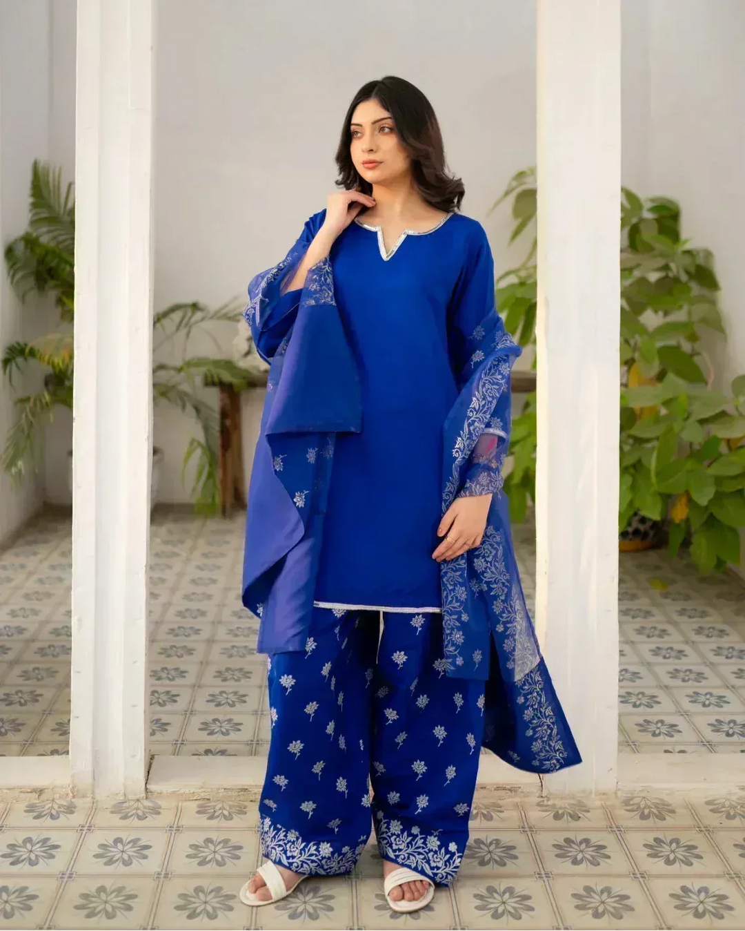 Zauk Women Printed Raw Silk 3 Piece Suit Royal Blue Farshi Shalwar Suit - Eid Collection