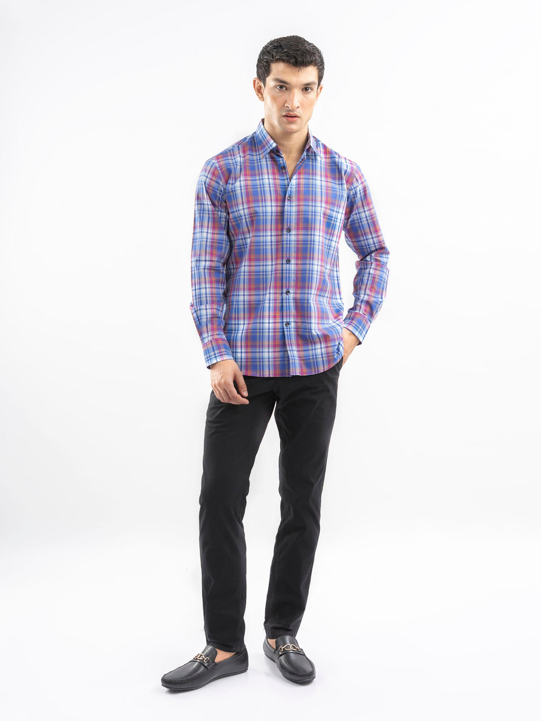 Brumano Ready To Wear Shirts Men 1 Piece Cotton Royal Blue Checkered Tartan Plaid Shirt 0-31-025-4547 - Summer Collection