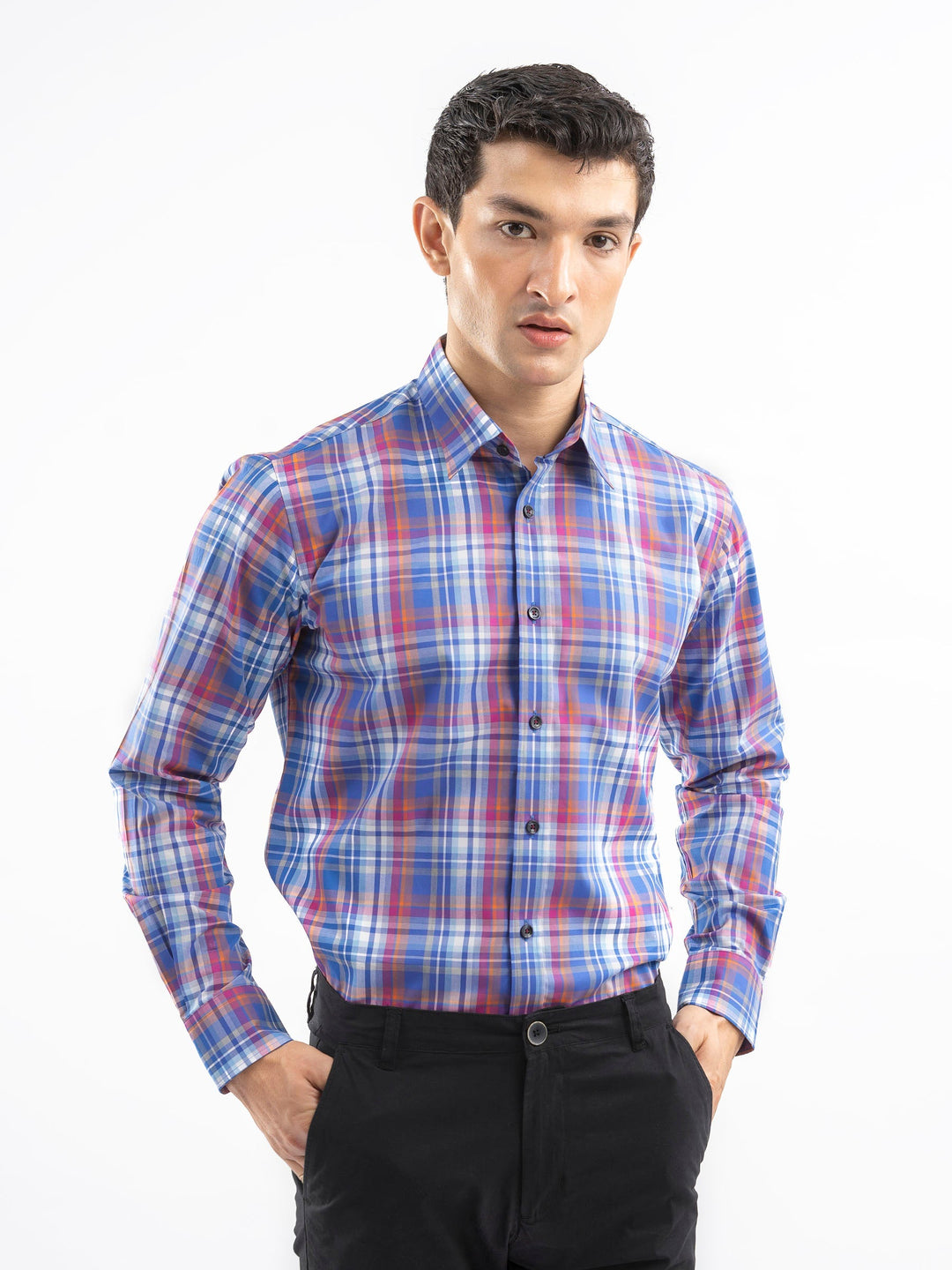 Brumano Mens RTW Solids Cotton Shirt Royal Blue Checkered Tartan Casual Collection