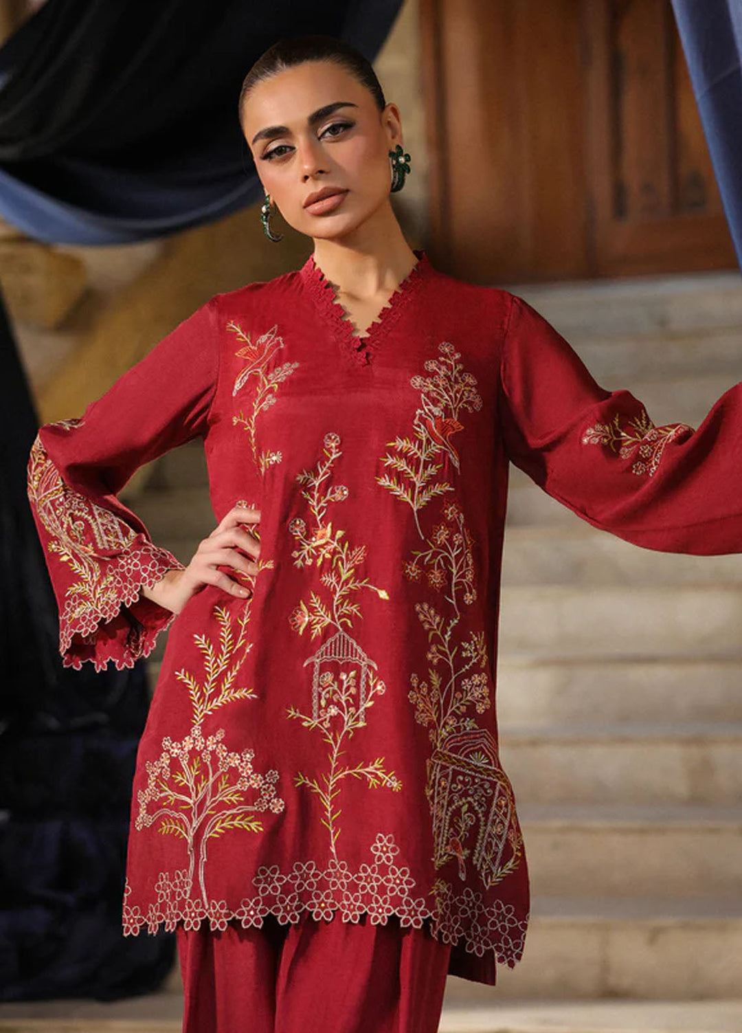 Luxe by Sahar Pret Embroidered Raw Silk 2 Piece Ruby Radiance