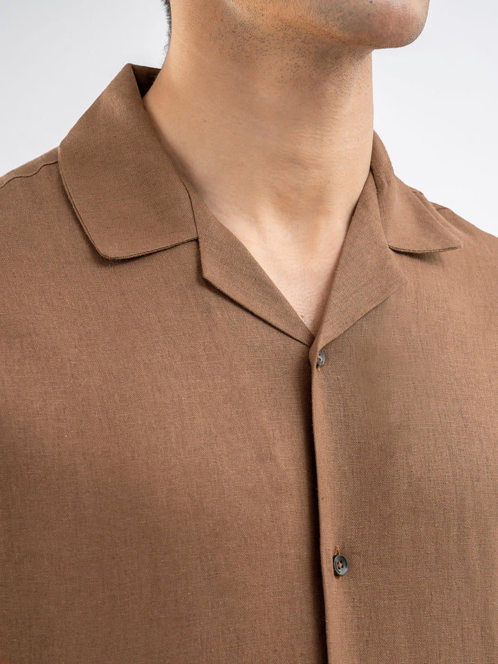 Brumano Ready To Wear Shirts Men 1 Piece Cotton Rusty Brown Linen Blended Half Sleeve Cuban Collar Shirt 0-33-025-4251 - Summer Collection