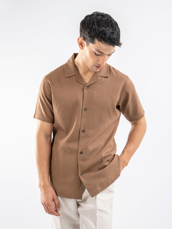 Brumano Ready To Wear Shirts Men 1 Piece Cotton Rusty Brown Linen Blended Half Sleeve Cuban Collar Shirt 0-33-025-4251 - Summer Collection