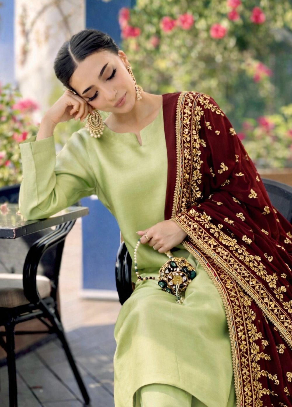 The Opulence by Girl Store RTW Solids Katan Silk 3 Piece Suit Sage - Eid Collection