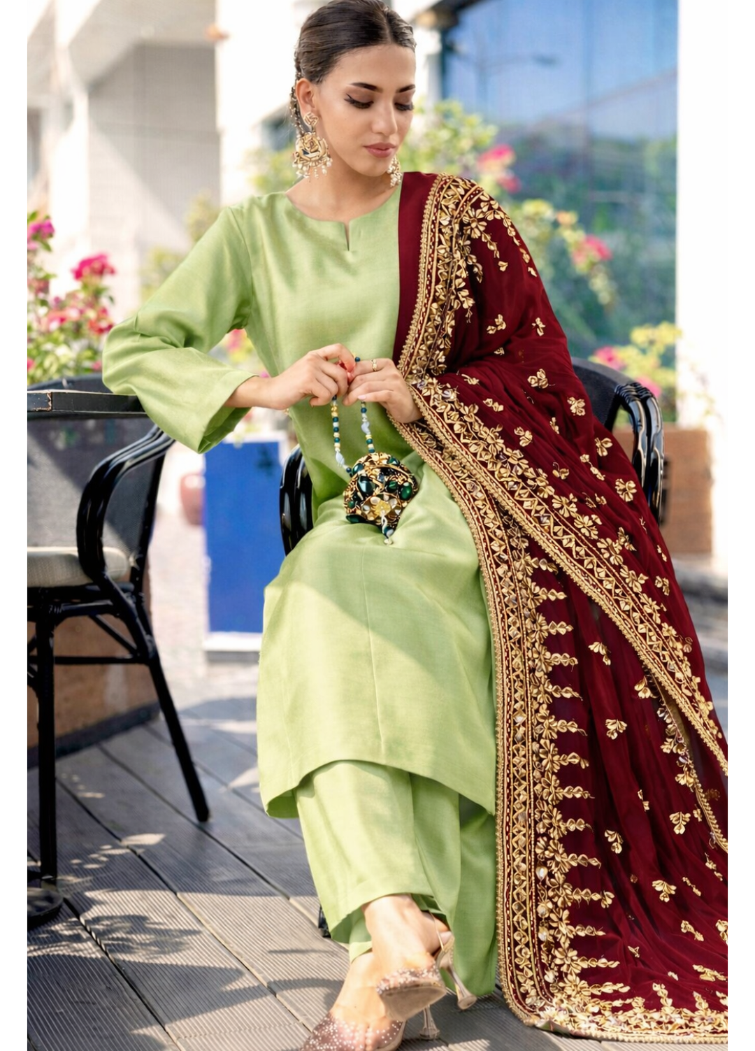 The Opulence by Girl Store RTW Solids Katan Silk 3 Piece Suit Sage - Eid Collection