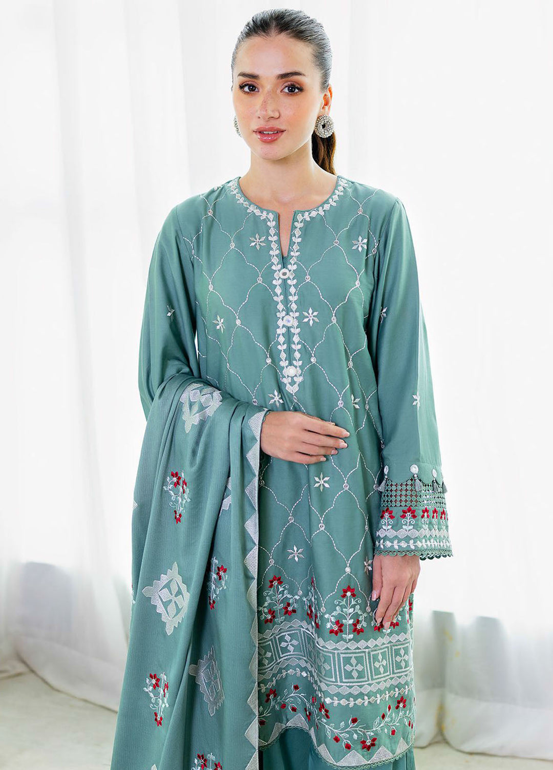 Cross Stitch Embroidered Cotton Satin Suits Unstitched 3 Piece CS25SU Sage Loom - Winter Collection