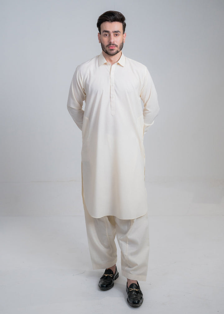 Alif by Buraq Mens RTW Solids Wash N Wear 2 Piece Suit Off White Collar Casual Collection