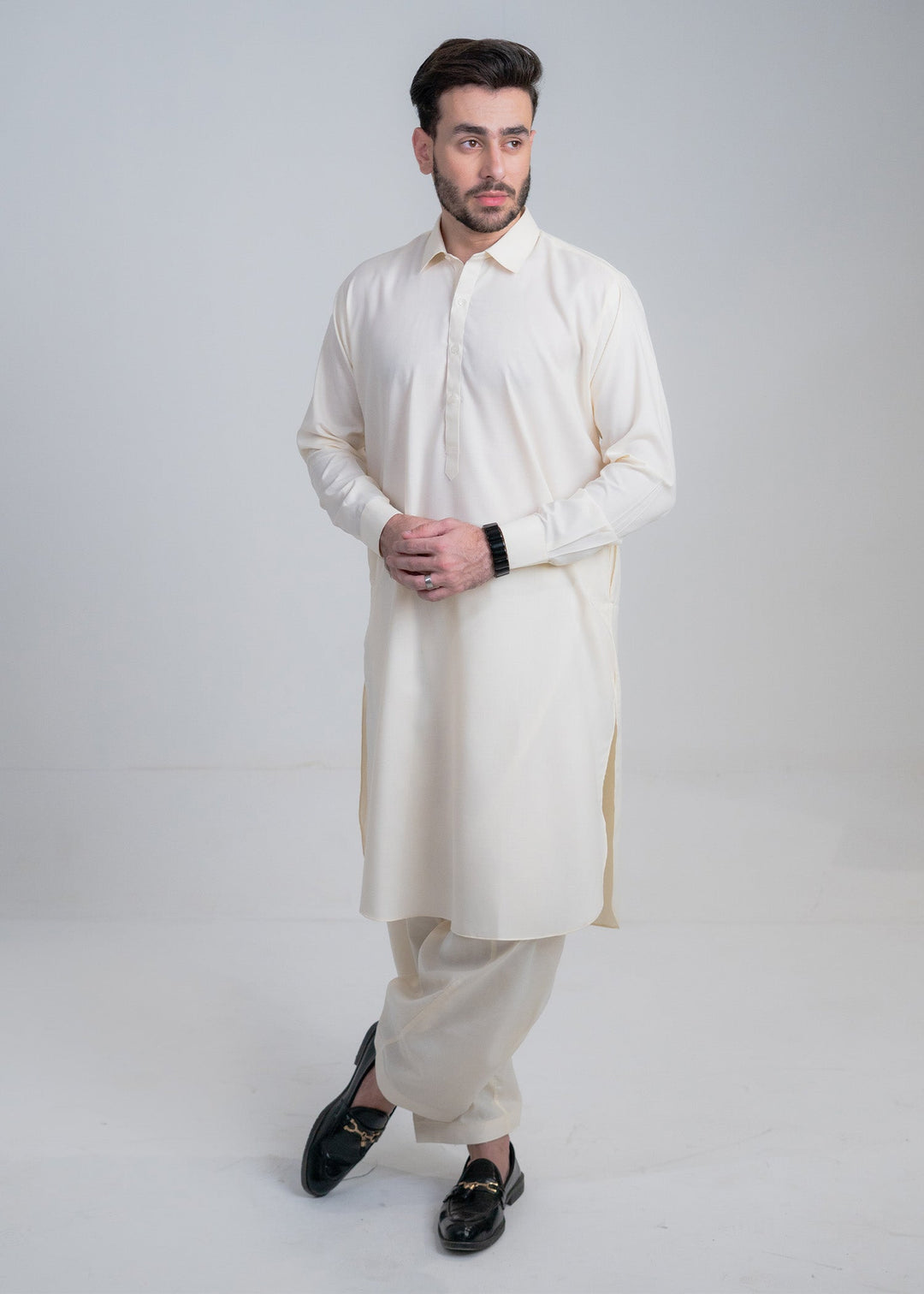 Alif by Buraq Mens RTW Solids Wash N Wear 2 Piece Suit Off White Collar Casual Collection