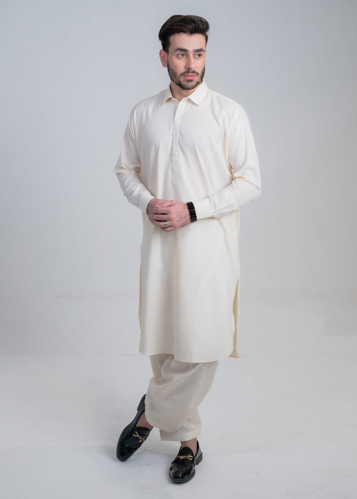 Alif by Buraq Mens RTW Solids Wash N Wear 2 Piece Suit Off White Collar Casual Collection